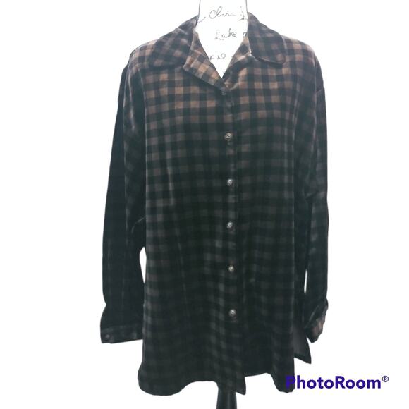 Coldwater Creek Brown Black Plaid Velvet Button Front Shacket Size L - Picture 1 of 11